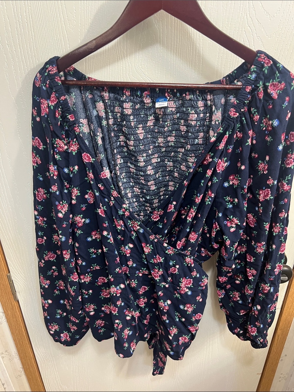 Old Navy Navy Floral Wrap Blouse with Pink Roses and Green Leaves